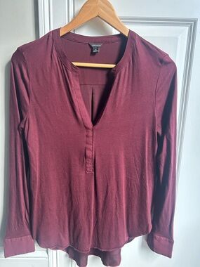 Ann Taylor Wine Long-Sleeve Split V-Neck Top